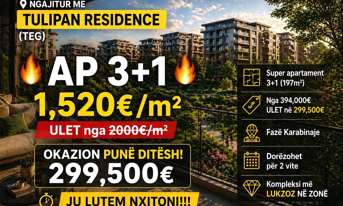 Naaaam!!! Ngjitur me TULIPAN RESIDENCE ( TEG ) : Apt. Perfekt: 3+1 + Verande 🔥Me 1520Euro/m2🔥 ULET nga 2000Euro/m2 - Miniaturë 1