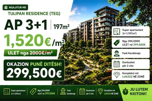 Naaaam!!! Ngjitur me TULIPAN RESIDENCE ( TEG ) : Apt. Perfekt: 3+1 + Verande 🔥Me 1520Euro/m2🔥 ULET nga 2000Euro/m2 - Miniaturë 5